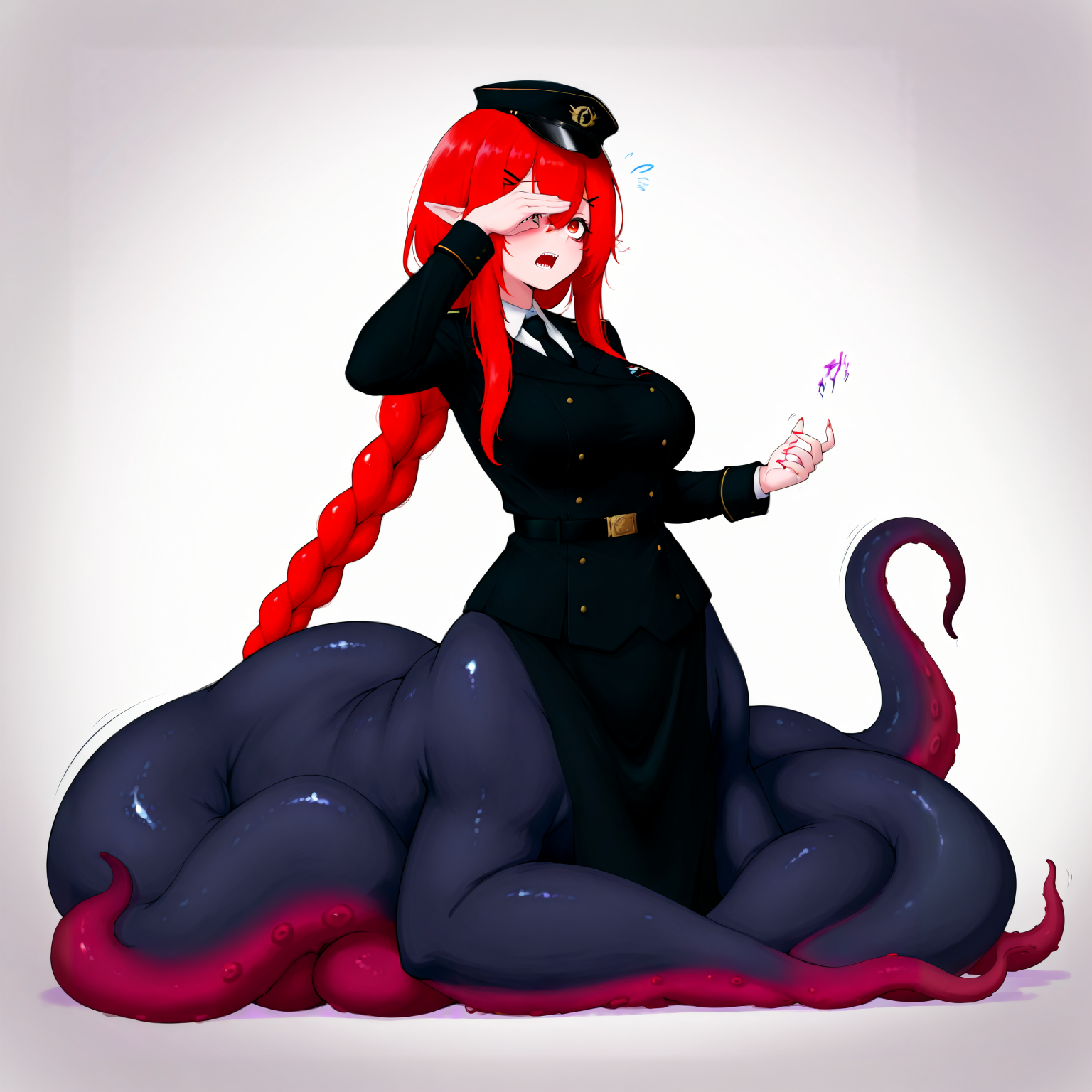 masterpiece, best quality, amazing quality, very aesthetic, absurdres,  newest, scenery,, 1girl, 1girl, 1girl, 
solo, red eyes, red hair, long hair, braid, crown braid, sidelocks, hair ornament, large breasts, lamia, harpy, centaur, scylla, mermaid, arachne solo, squidlegs, tentacles, monster girl, tentacle hair, pointy ears, sharp teeth, eldritch abomination, menacing, flappy sleeves, long sleeves, loose sleeves, military hat, military jacket, breasts, tentacle grab, feathered wing, simple background, jacket, wings, black necktie, white background, necktie, taur, hairclip, hair between eyes, teeth, hat, uniform, military uniform, feather, military, detached sleeve, black sleeve cuffs, black headwear, very long hair, open mouth,
from afar, full body, shocker_/(gesture/:1.1), facepalm, Double Framing shot, and other objects. the illustration is done in a sketch-like style with bold lines and bright colors. on the left side of the image, there are several smaller creatures, including a dragon, a fish, and a bird. it appears to be a mermaid or a sea creature, with long flowing tentacles and a crown-like headpiece. the main focus is on a large, menacing creature with sharp teeth and red eyes. she is wearing a black dress and has long blonde hair. on the right side, there is a girl sitting at a desk with her head in her hands, looking up at the creature. the background is white, and the overall color scheme is predominantly blue and green., vise-ss4, masterpiece, best quality, amazing quality, very aesthetic, absurdres,  newest, volumetric lighting, scenery, <lora:last-000004:1.0>