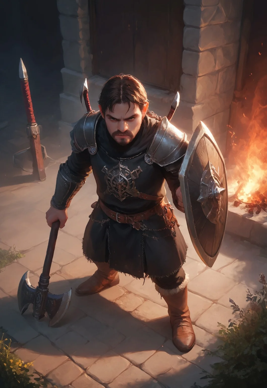exquisiteh, beautifulh, Expressiveh, realistic, photorealistic, Expressiveh, score_9, score_8_up, score_7_up, axe and shield,
1boy, solo, Dwarf, short stature, brown hair, old, big nose, going berserk, angry, wielding an axe,
source_anime, in the fog, silhouette, small village on fire, medieval, feudal,
from above,