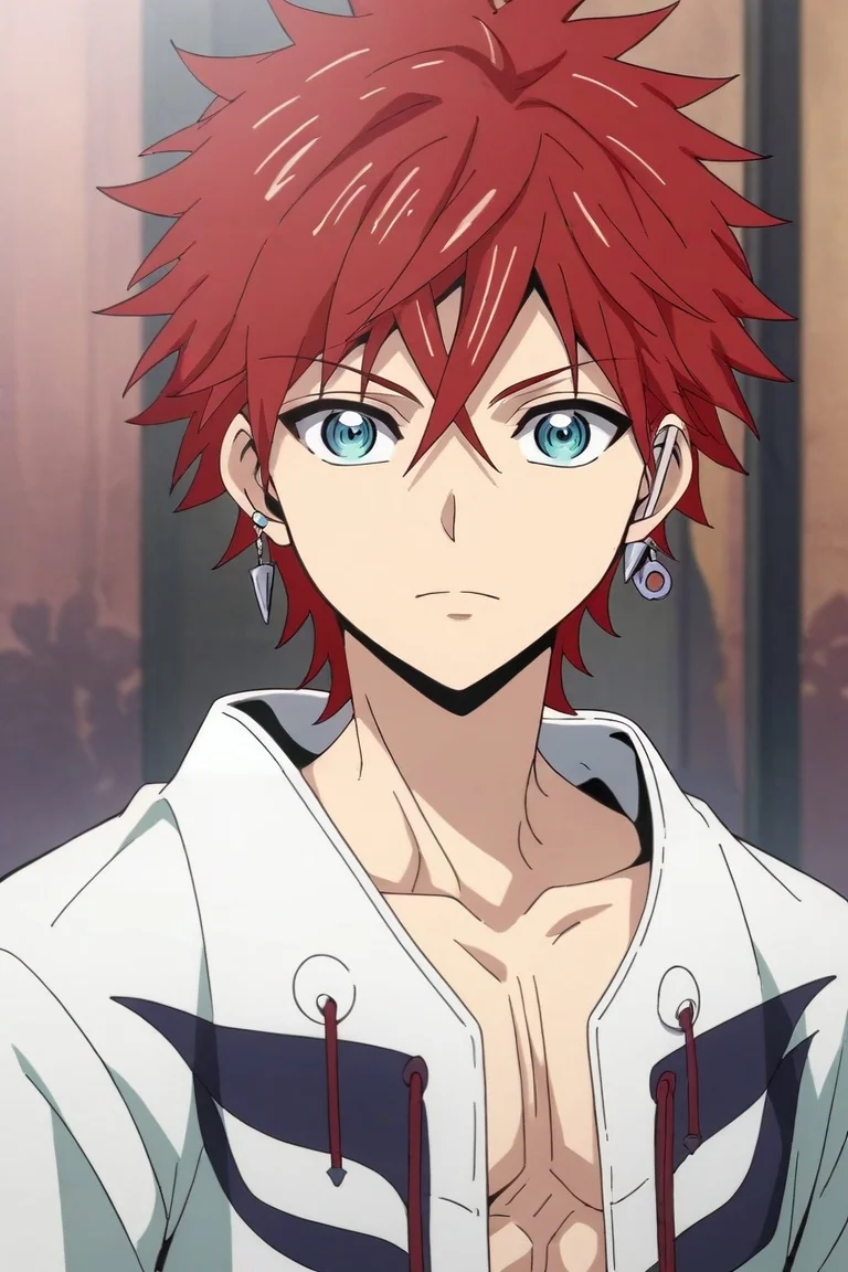 score_9, score_8_up, score_7_up, source_anime, rating_safe, intricate details, semi-realistic, looking at viewer, depth of field, 1boy, solo, male focus, <lora:musashi_orient_pony:0.96>, musashi_orient, red hair, blue eyes, short hair, spiked hair, hair between eyes, , , , <lora:sdxl_lightning_8step_lora:1>