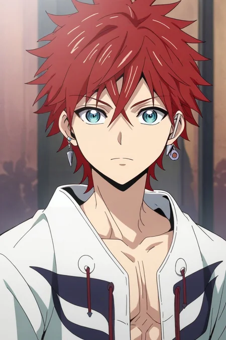 score_9, score_8_up, score_7_up, source_anime, rating_safe, intricate details, semi-realistic, looking at viewer, depth of field, 1boy, solo, male focus, <lora:musashi_orient_pony:0.96>, musashi_orient, red hair, blue eyes, short hair, spiked hair, hair between eyes, , , , <lora:sdxl_lightning_8step_lora:1>