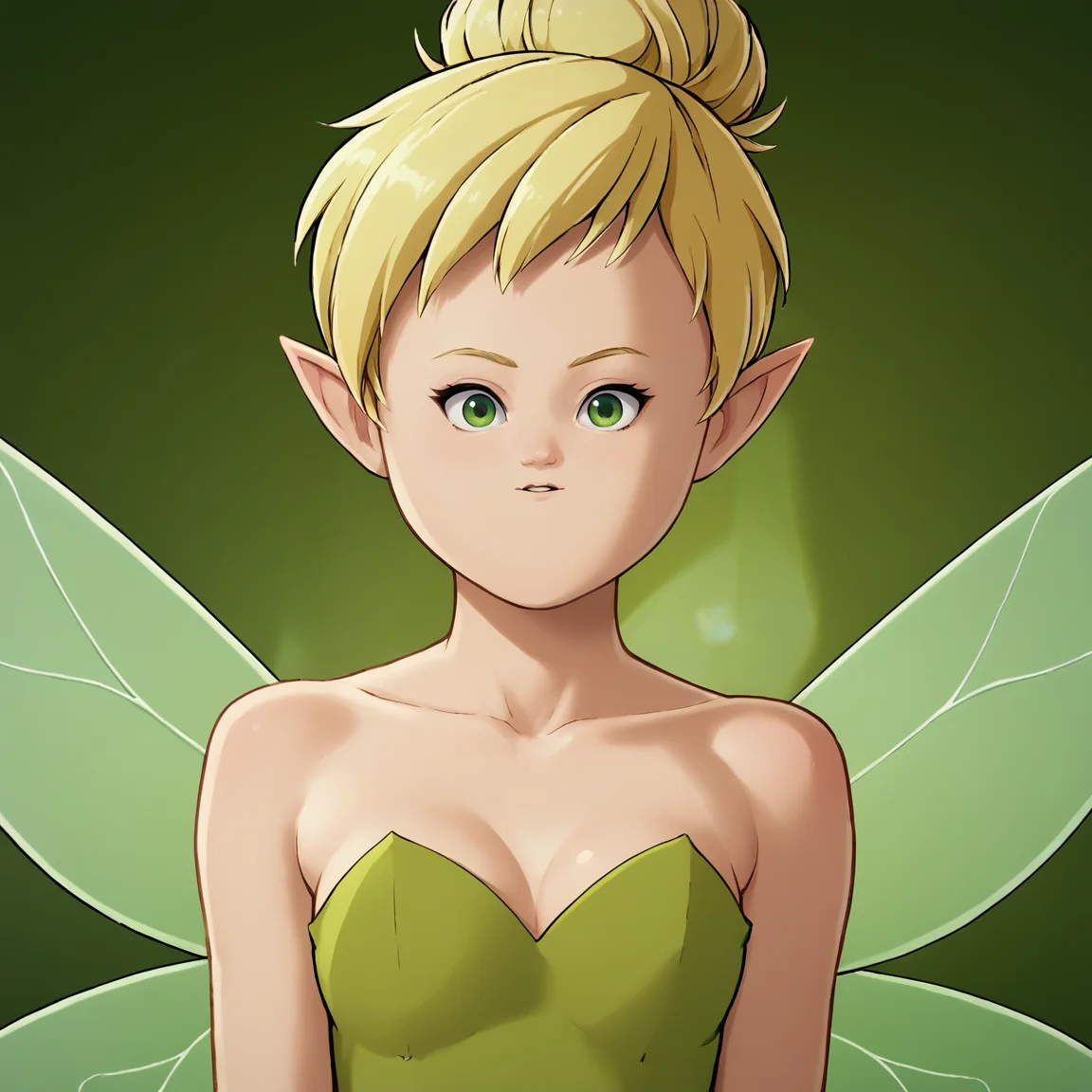 score 9,score 8 up, score 7 up,score 6 up <lora:smolface:1> small face, solo,Tinker Bell from Peter Pan,pointy ears, blonde hair, glowing body,green eyes, fairy wings, hair bun