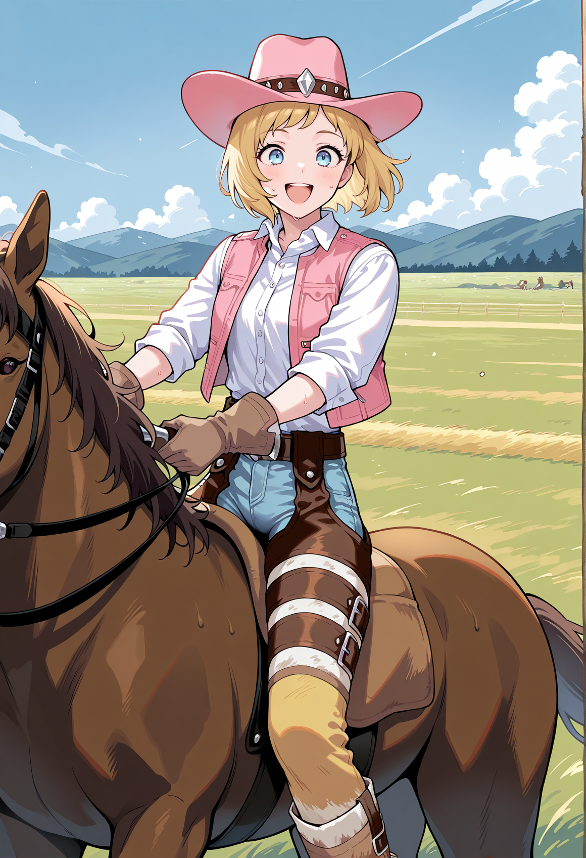 1girl, cowboy hat, blonde hair, blue eyes, short hair, white shirt, short sleeves, pink vest, gloves, jeans, chaps, solo, riding, horse, smile, open mouth, sweat, wind, outdoors <lora:Kathy_suiko:1>, masterpiece, best quality, amazing quality, very aesthetic, absurdres, highres, newest