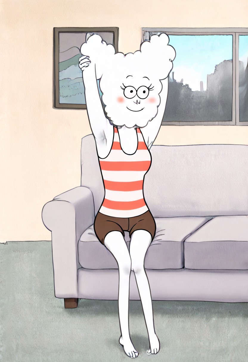 score_9, score_8_up, score_8,  <lora:CJ_Regular_Show:1> white hair, 1girl, white skin, CJ, black eyes, white skin, solo, tank top, brown shorts, living room, sitting on couch, smile, looking at viewer, blush, window, stretching arms, armpits, shaved armpit