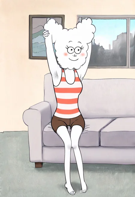 score_9, score_8_up, score_8, <lora:CJ_Regular_Show:1> white hair, 1girl, white skin, CJ, black eyes, white skin, solo, tank top, brown shorts, living room, sitting on couch, smile, looking at viewer, blush, window, stretching arms, armpits, shaved armpit