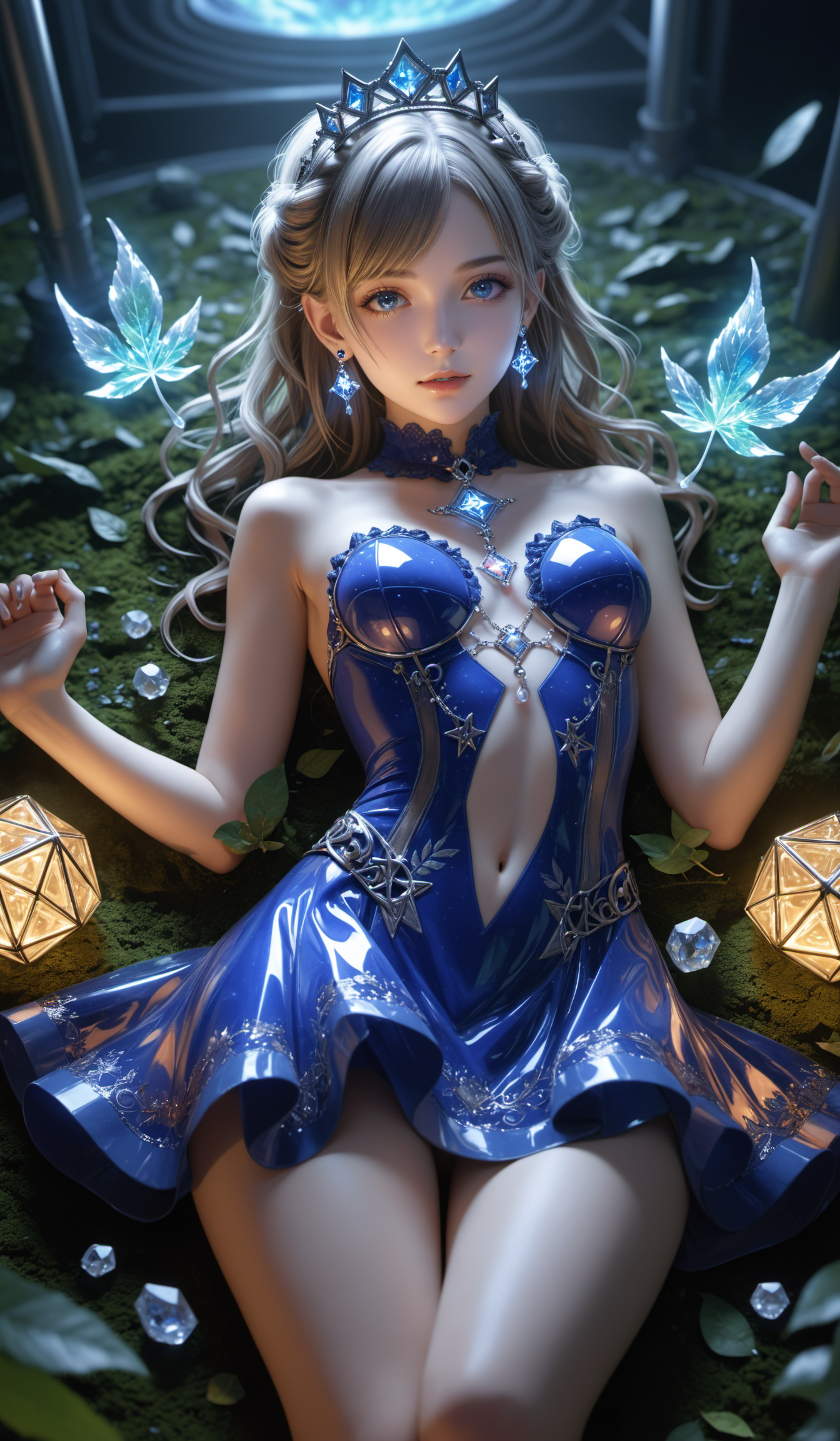 (Best quality,masterpiece,absurdres,ultra realistic:1.4),(Rococo:1.4),(close portrait:1.3),peerlessly beautiful idolmaster ,beautiful detailed eyes,(see-through_clothing),shine,glowing,sparkling,energy coalescing and vibrating,(dynamic angle,dynamic pose),Close-up photo,Lying down,shy ,sad,disdainful ,Around,sex,nsfw, topless, nude,
gothic_lolita,wearing gown,(((miniskirt))),
(techno glyph print    cobalt blue red shade),(cartilage earrings, eclipsing visible inclusions pearl, french cut, crown facets, 1.75 carat, colorful,    glistened, platinum, inflexible, tenacity, color enhancement, basket setting, rare, exquisite, luxurious, retro, healing and wellness),(phthalo yellow green turbulent psionic),(time distortion research lab, steel,Precast Concrete,green roofing roof,hologram projector architectural elements, Bioluminescent Organisms,Fluorescent Outdoor Fixtures, laser lights),
(Around floating crystals:1.4)the most beautiful form of chaos,
(hexagram:1.4),(leaves:1.4),
