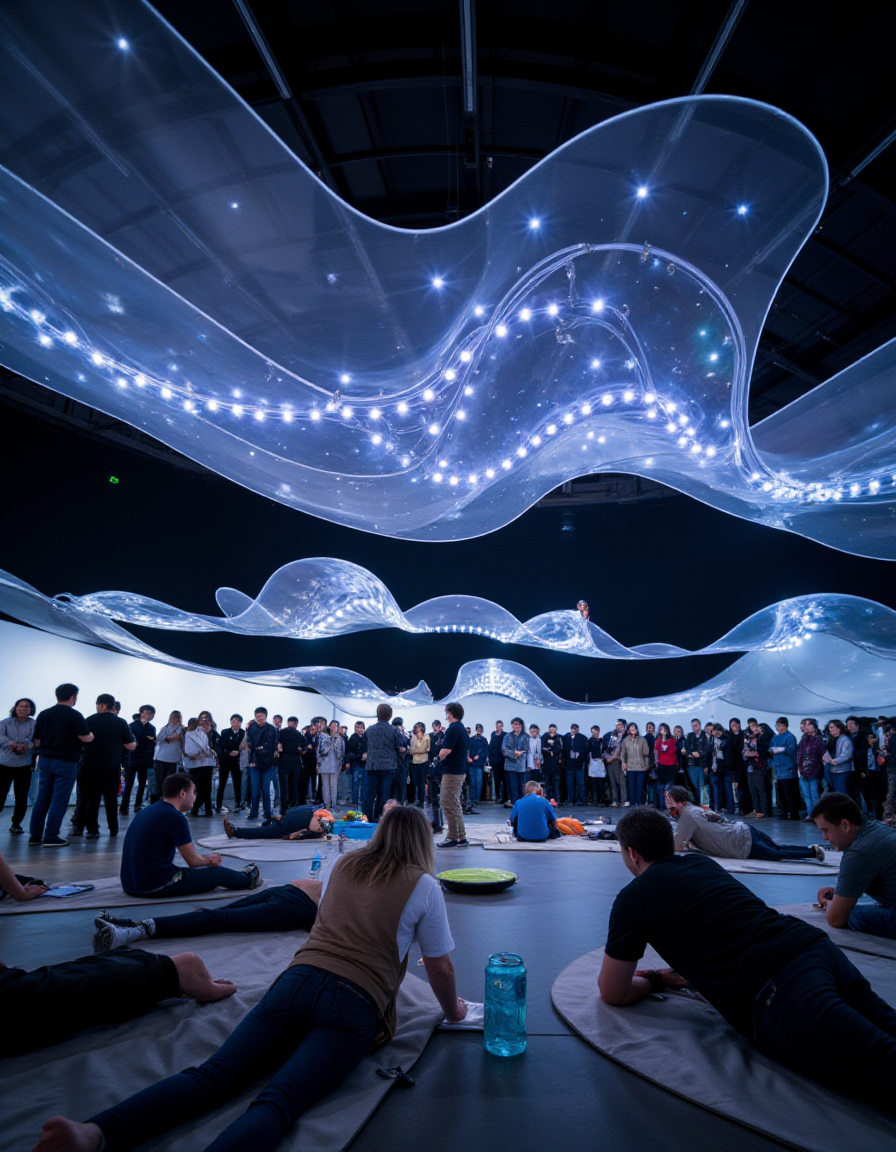 A dome-like structure composed of layered, translucent acrylic sheets cut into wave-like forms. Fiber optic cables embedded in the sheets emit tiny points of light, simulating a starry night sky. The sheets are motorized to rotate slowly, creating flowing, wave-like motion that shifts the placement of the "stars." Inside the dome, visitors lie on the floor, mesmerized by the hypnotic motion and light. Outside, a crowd watches the dome glow softly against the night, admiring its celestial beauty.
<lora:ral-kntcscptr-flux:1>