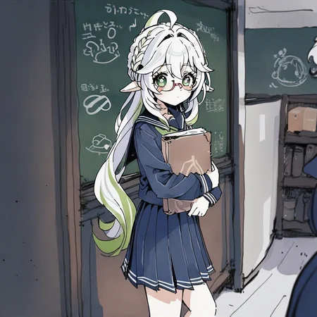 <lora:pen-drawing_A3.1_XL:1>,(pen_art_style,pen_drawing_style),(masterpiece),(best quality), 2_girls, solo, long hair, looking at viewer, bangs, green eyes, multiple girls, skirt, shirt, long sleeves, holding, hair between eyes, very long hair, closed mouth, school uniform, white hair,green hair, standing, ahoge, multicolored hair, pleated skirt, glasses, serafuku, solo focus, indoors, black skirt, sailor collar, green skirt, streaked hair, neckerchief, book, white shirt, green shirt, green sailor collar, semi-rimless eyewear, holding book, black sailor collar, under-rim eyewear, black serafuku, object hug, classroom, chalkboard, white neckerchief, green serafuku,nahida (genshin impact),