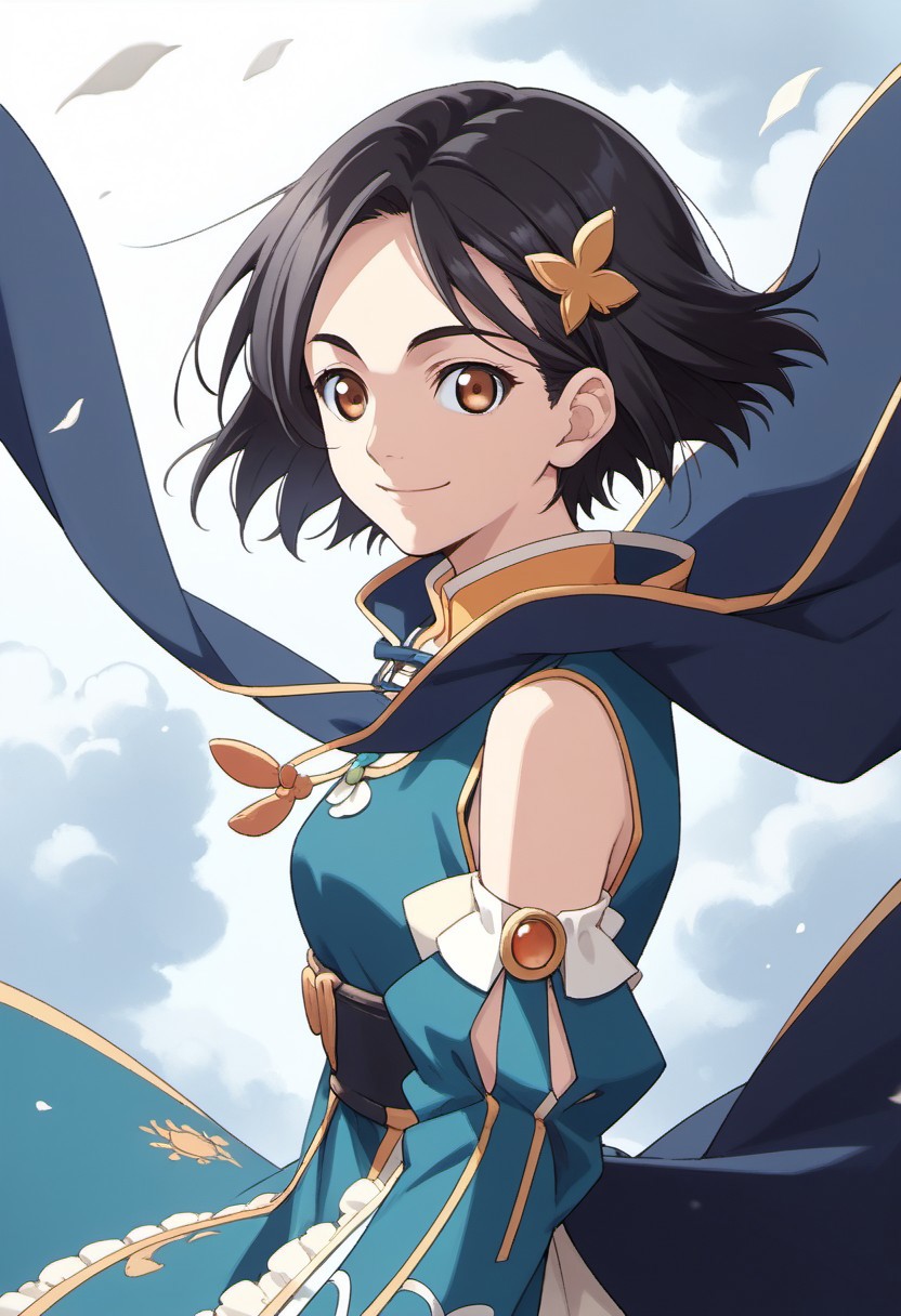 score_9, score_8_up, score_7_up, source_anime, rinwell, short hair, black hair, brown eyes, 1girl, hair ornament, detached sleeves, smile, looking at viewer, dress, wind, upper body, cape, solo