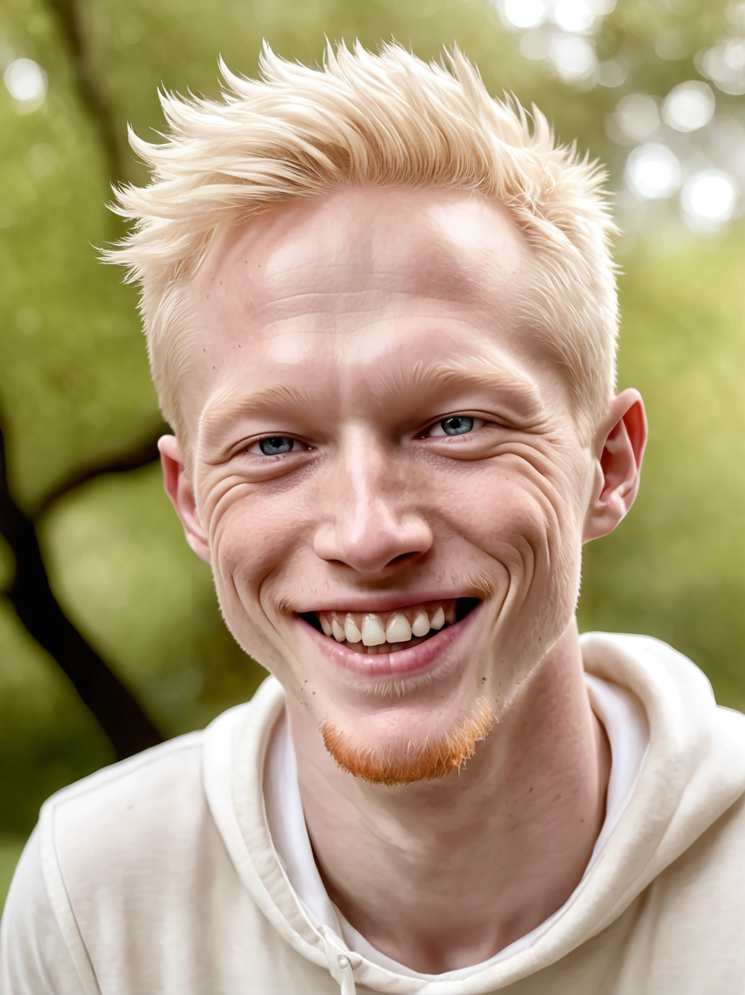 professional photograph, high resolution, 30yo drewsynthxl, portrait, solo, realistic, laughing, albino,
face focus, from above,
in the park, overcast