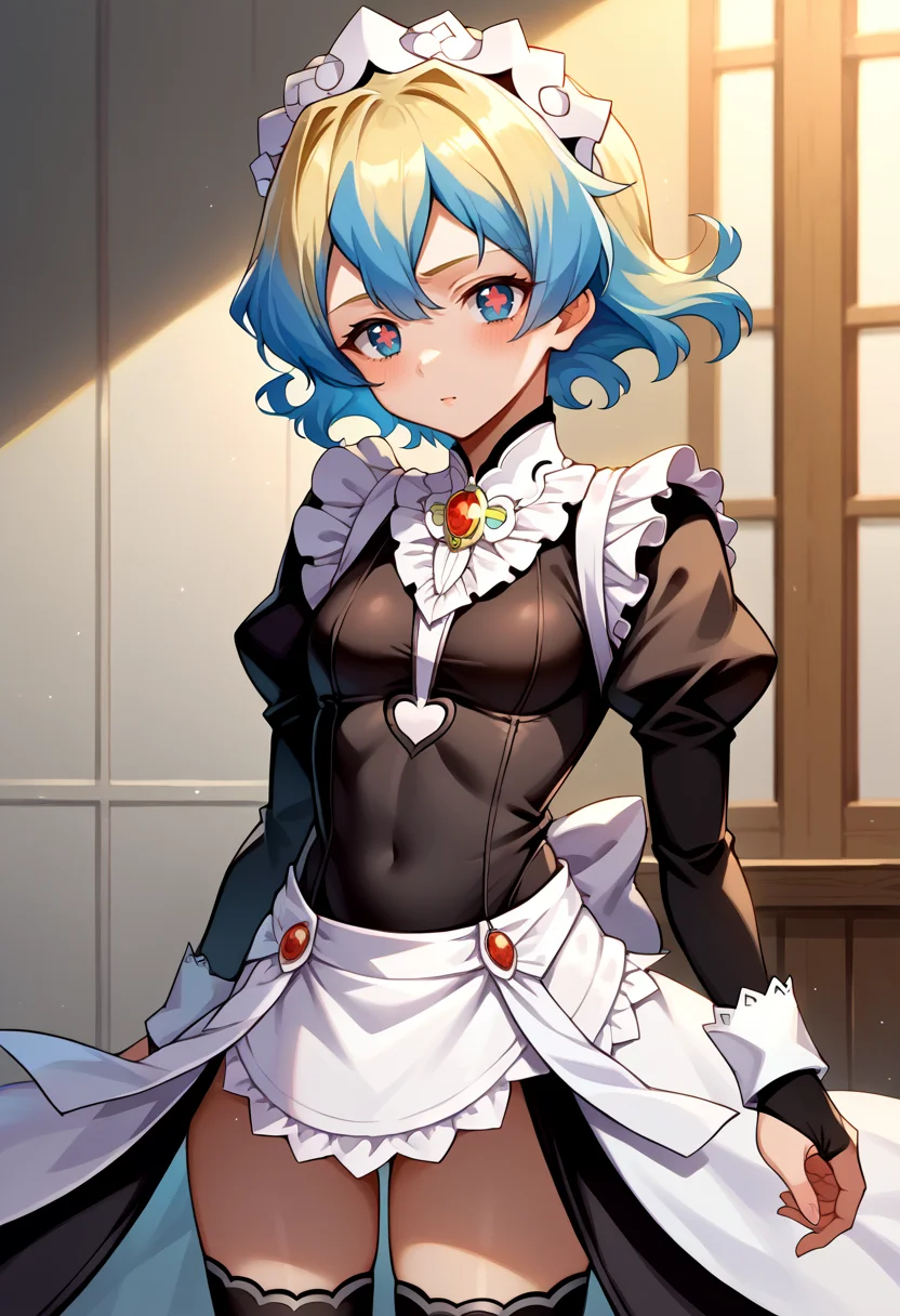 score_9, score_7_up, source_anime, BREAK <lora:NiaS1:1> nias1, 1girl, blue eyes, symbol-shaped pupils, short hair, blonde hair, blue hair, two-tone hair, small breasts, <lora:fatesmaid-fe-richy-v1_pdxl:0.8> fates maid, maid headdress, maid apron, bridal gauntlets, black thighhighs,