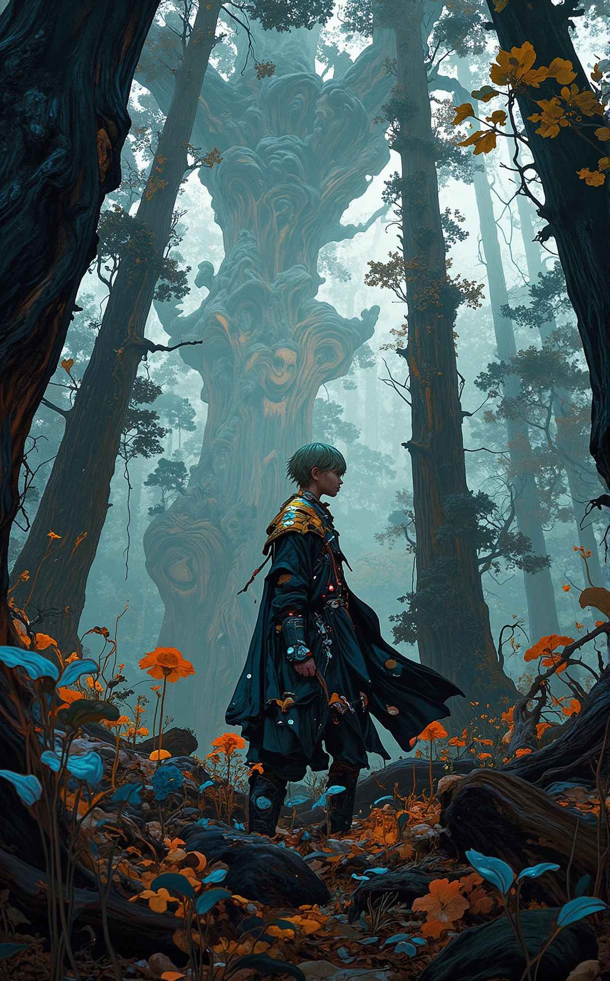 Off-center composition, medium close-up, a moment of intense action. The central figure, a young man with honey-colored hair and vibrant earbuds, is caught in an epic battle stance. His braces glint under the side lighting, adding a touch of realism to the fantastical scene, Amidst Towering Redwood Trees in a Misty Forest: The colossal trees rise into the sky, their trunks enhanced with nano-bark for added strength. Fog clings to the ground, broken only by the occasional beam of light from overhead surveillance drones. The forest floor is lined with cybernetic flora, their faint, pulsing lights creating an eerie ambiance., fantasy, swirling patterns, vibrant, dreamlike, cinematic film still silhouette style symbolism art by Tomek Setowski, renaissance art by Raphael, , Renaissance, classical, religious, idealized, Surrealism, dreamlike, whimsical . high contrast, minimalistic, black and white, stark, dramatic . shallow depth of field, vignette, highly detailed, high budget, bokeh, cinemascope, moody, epic, gorgeous, film grain, grainy