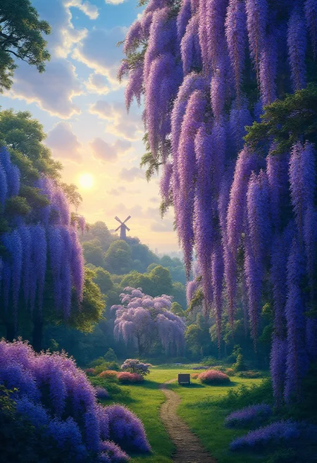 detailed background, A park with wisteria flowers in bloom, wisteria flowers in full bloom, a faint glimpse of the sky, sunrise sky, beautiful clouds, dappled sunlight, 
I can see a windmill in the distance, 
depth of field, masterpiece, best quality, ultra-detailed, very aesthetic, illustration, perfect composition, intricate details, absurdres, moody lighting, wisps of light, no humans,