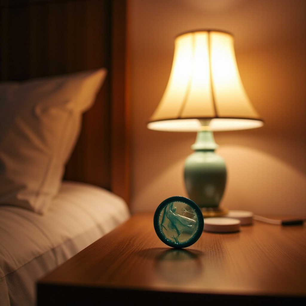 photograph of a condom in wrapper sitting on a night stand next to a bed under a lamp