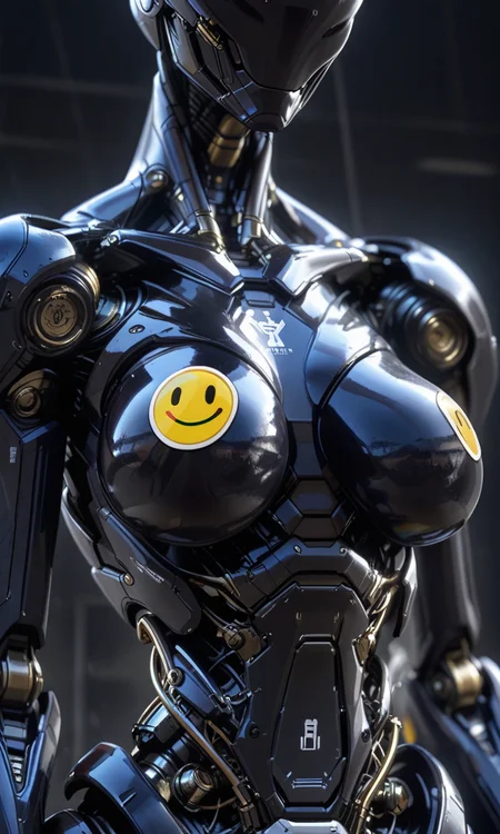 highly advanced sleek female robot with boob covering smiley stickers, sticker on boobs, faceless, pinnacle of mankind <lora:- iLL - the_edgy_mech_V3.0:.8>