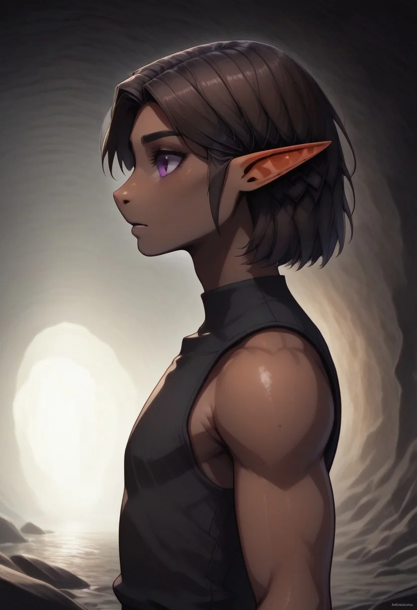 Repeta, 1 person, snout nose, solo, pointy ears, violet eyes, dark skin, dark brown hair, chin-length hair, parted hair, black sleeveless top,
((Gemstone on arm, jewel on arm)),
organic cavern background,
Medieval style,
Bordered by rock walls, side view,
Smooth colors, highly detailed face, clean lines, high quality, best quality, masterpiece, score: 9, score: 8 up, rating: safe, source: semi-realistic,