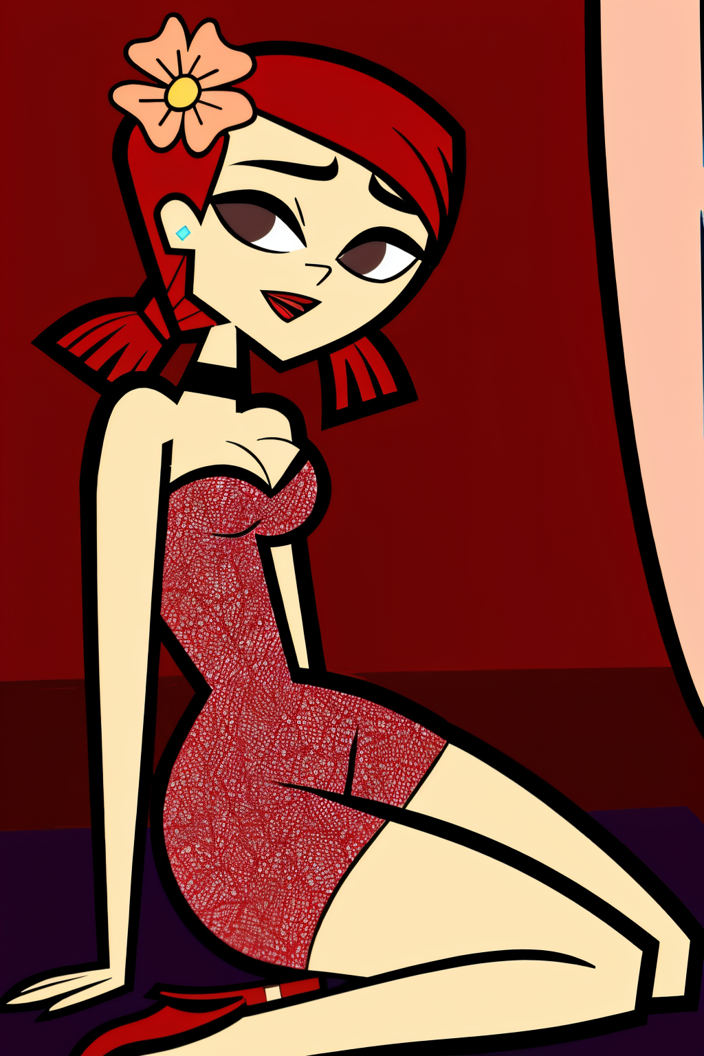 in the Bedroom, (Realistic:1.5) 1girl, solo, open mouth, cleavage, medium breasts, full body, red hair, hair flower, black choker, brown eyes, Lace dress with heels <lora:EdobZoeyTotalDrama_v1.0:0.8>