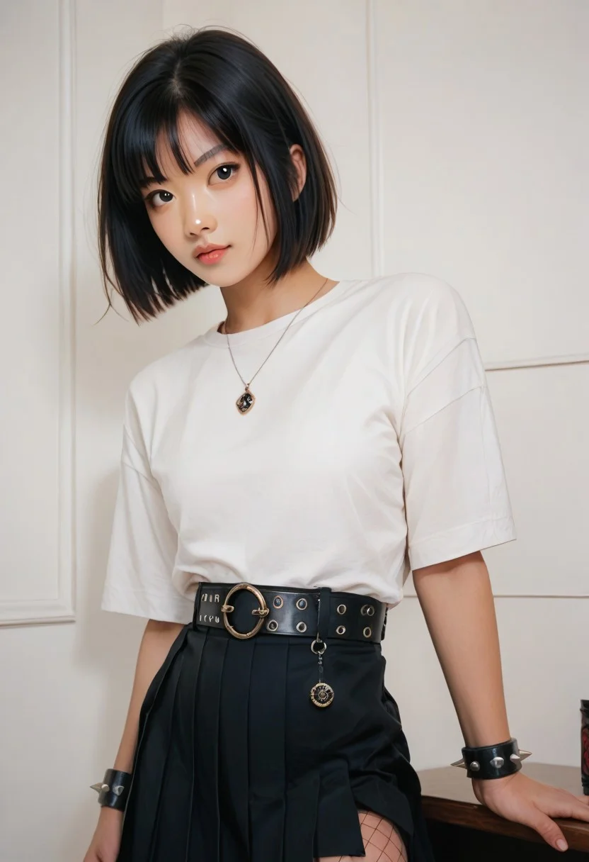 score_9, score_8_up, score_7_up, score_6_up,1girl, cowboy shot, white shirt, sleevelees, thick thights, asian, slim body, slutty black hair, bob cut, black eyes, realistic, pleated skirt, large belt, fishnet thighthighs, spiked bracellet, simple shoes, thight tatto, upper body, poker face,