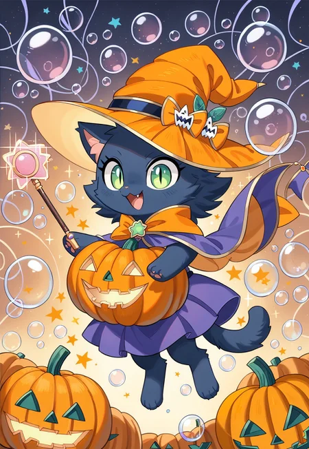 score_9, score_8_up, score_7_up, score_6_up, absurd res:1.1, solo focus, wizard hat, adorable female cat with all black fur wearing a wizard hat and robes, black fur:1.4, wand, holding, casting a spell, ((((wow_bbls,pumpkin made of iridescent bubbles, pumpkin made of iridescent bubbles is floating in the air by wand:1.4)))), glowing green eyes, slit pupils, adorable:1.4, Illustration, official artwork, wallpaper, official art:1.1