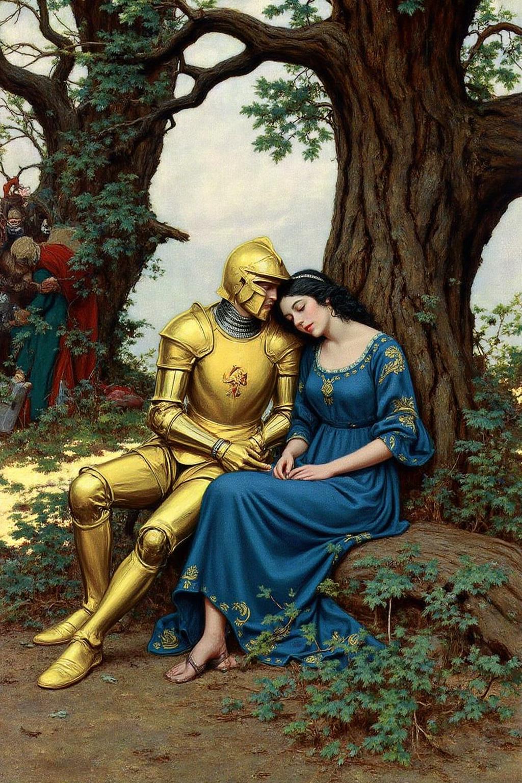 hopy1 illustration.
A blonde knight and a lady sitting under a tree. The lady has dark hair and is wearing a blue dress. The knight is sleeping with his head on the leg of the lady  <lora:hopy1_cap_d6a3e12:1.0><lora:826175524180184325:0>