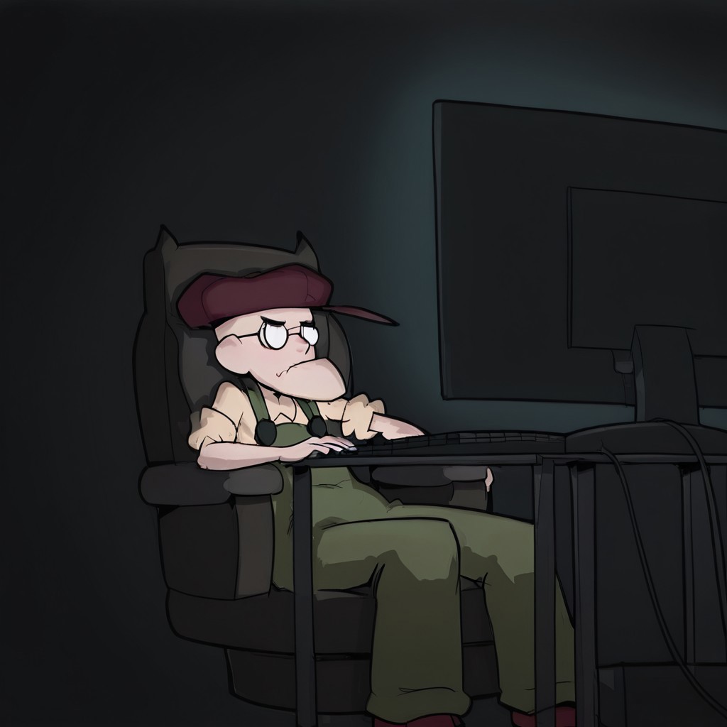 high detail, high quality, dramatic lighting, cinematic lighting, detailed background, masterpiece,  detailed masterpiece, best quality, Graphic details, perfect design,  solo, Eustace, Bagge, Green overalls, yellow shirt, hat, glasses, grumpy expression, imagine, jitome, feet out of frame, looking ahead, monitor, keyboard (computer), mouse (computer), gaming chair, desk, dark background, dim lighting, sitting, on chair,
