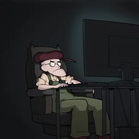 high detail, high quality, dramatic lighting, cinematic lighting, detailed background, masterpiece, detailed masterpiece, best quality, Graphic details, perfect design, solo, Eustace, Bagge, Green overalls, yellow shirt, hat, glasses, grumpy expression, imagine, jitome, feet out of frame, looking ahead, monitor, keyboard (computer), mouse (computer), gaming chair, desk, dark background, dim lighting, sitting, on chair,