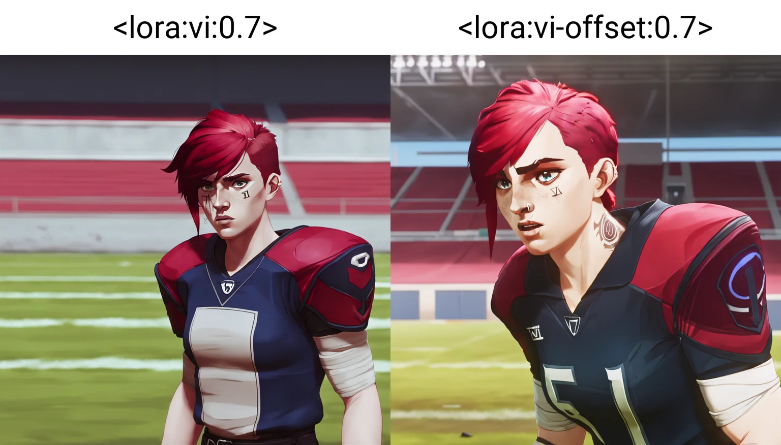 arcane, vi, red hair, full body, short hair, freckles, light blue eyes, football field, football player, shoulder guards, red jersey, number 51, serious <lora:vi:0.7>