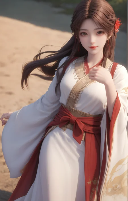 1girl,solo,brown hair,hair ornament,braid,long hair,wide sleeves,looking at viewer,brown eyes,jewelry,hair flower,long sleeves,sash,dress,mischevious smile,perfect body,scenery,sharp focus,best quality,masterpiece,detailed outfit,illustration,perfect eyes,finely detailed beautiful anime eyes,realistic skin,intricate details,best lighting,depth of field,ultra high resolution,cowboy_shot,dynamic pose,dynamic angle,<lora:huolinger_V1-000001:1>,