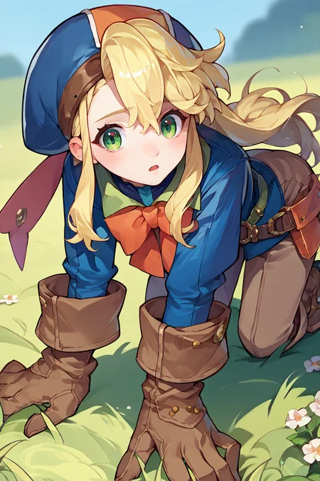 score_9, score_8_up, score_7_up, score_6_up, source_anime, 1girl, solo,  <lora:clarissaarwin-pdxl-nvwls-v1-000005:1> clarissa arwin, blonde hair, hat, long hair, blue uniform, red bow, brown gloves, belt, brown pants, boots, all fours, blush, chestnut mouth, looking at you, field
