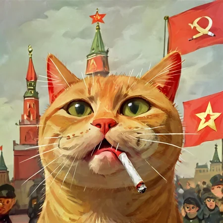 fisheye view of soviet cat with (angry look on his face:1.1), (smoking sigarette in his mouth:1.4), expression eyes, albeniz rodriguez style, caricature, moscow red square with (red flags:1.3) on background <lora:albeniz-rodriguez-style-1024:0.5> <lora:Childrens_book_illustration:1> childrens_book_illustration