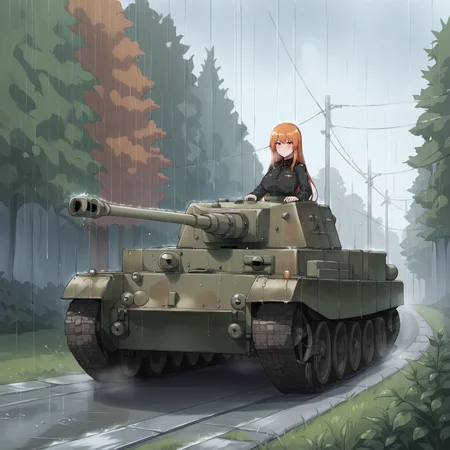 score_9, score_8_up, score_7_up, score_6_up, score_5_up, score_4_up, source_anime, masterpiece, best quality, 1girl, solo, tank, panther tank, tank commander, ground vehicle, military vehicle, caterpillar tracks, outdoors, rain, heavy rain, autumn, forest, military uniform, huge breasts, very long hair, orange hair, military helmet, bangs, orange eyes, looking at viewer, cold, closed mouth, expressionless, emotionless, blush, perfect hands, steam, <lora:Perfect Hands:1>, <lora:StS_detail_slider_v1:4>, <lora:add-detail-xl:0.5>, <lora:Style_GFF_Circle_Kuribayashi_Chris_artstyle_for_Pony_XL_v1.5:0.6>, <lora:Tank_commander_concept:0.8>