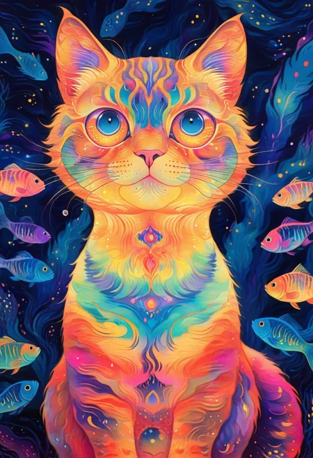 Radiant, big-eyed fluffy cat at night, fishes swim in the background, the cat is dreaming, abstract art by Anne Truitt, Synthetism, psychedelic colors, psychadelicchaos, psychadelic, sharp focus, highly intricate, full color, confident, intricate artistic color, handsome