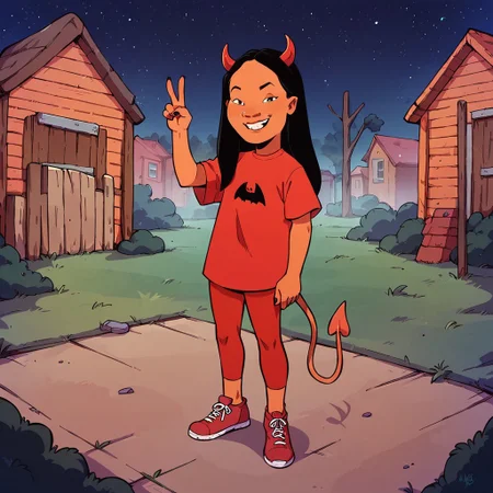score_9, score_8up, score_7up, score_6up, solo, 1girl, Connie S KOTH, dark skin, black eyes, long hair, black hair, cowboy shot,
smug grin, big mouth, half-closed eyes, flat chest, short stack, standing, candy on the ground, full body, red shirt, red leggings, red shoes, devil horns, devil tail, peace sign,
outdoors, graveyard, tombstones, dead trees, starry night sky, fog, Halloween, leaning back, looking at viewer,