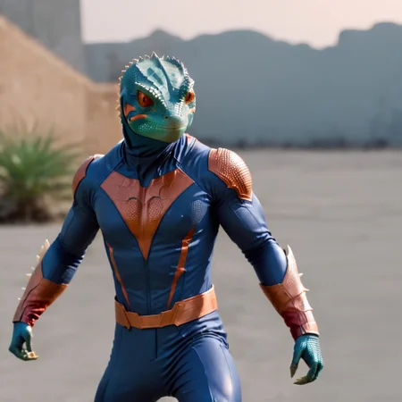 <lora:SDXL_Superhero:1> SupHerSup, Dynamic Action Shot of handsome,Lizard head superhero , in Indigo Blue and Red Orange suit <lora:PerfectEyesXL:0.8> perfecteyes,<lora:add-detail-xl:0.8>,4k, UHD, ultrarealistic photo, full body shot,