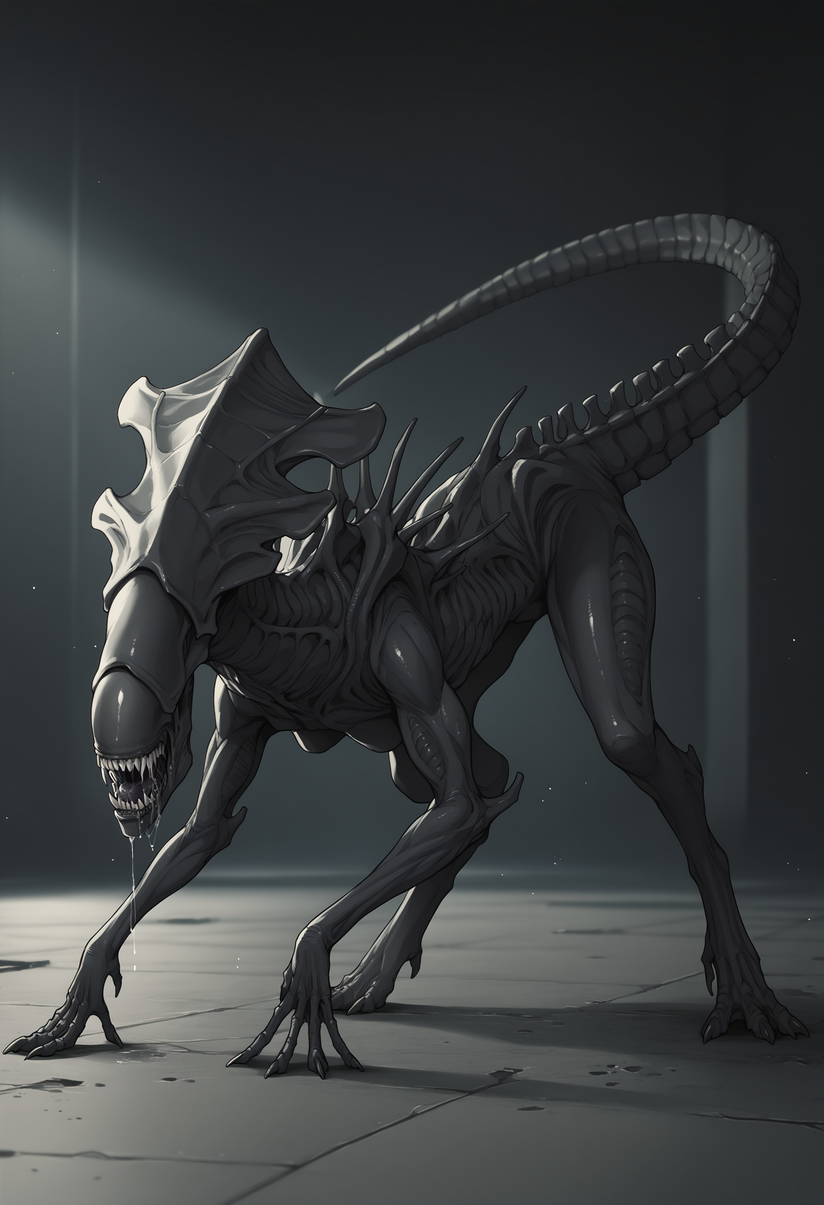 score_9, score_8_up, score_7_up, score_6_up, score_5_up, score_4_up, 1girl, <lora:XenomorphQueen:0.8> feral, solo, teeth, sharp teeth, claws, colored skin, muscular female, black skin, no eyes, tail, monster, side view, looking back, saliva, drool, on all fours, extra arms,
dark factory background, concrete floor, blurry background,