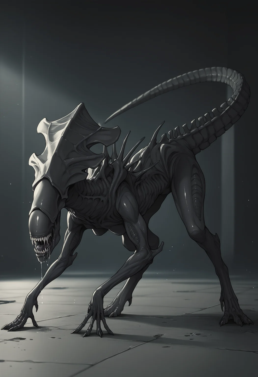 score_9, score_8_up, score_7_up, score_6_up, score_5_up, score_4_up, 1girl, <lora:XenomorphQueen:0.8> feral, solo, teeth, sharp teeth, claws, colored skin, muscular female, black skin, no eyes, tail, monster, side view, looking back, saliva, drool, on all fours, extra arms,
dark factory background, concrete floor, blurry background,