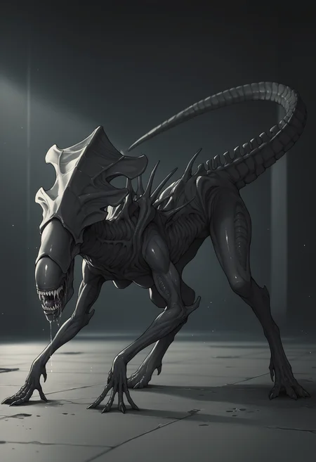 score_9, score_8_up, score_7_up, score_6_up, score_5_up, score_4_up, 1girl, <lora:XenomorphQueen:0.8> feral, solo, teeth, sharp teeth, claws, colored skin, muscular female, black skin, no eyes, tail, monster, side view, looking back, saliva, drool, on all fours, extra arms,
dark factory background, concrete floor, blurry background,