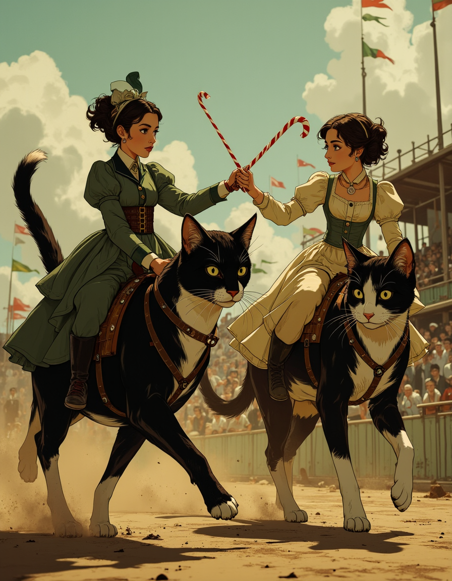 in the style of cksc, 2 tiny young women racing their cats in a stadium, big household cats, cat eyes cat fur, cat tails. colorful flags, fanfare.  young women are small enough to ride on the necks of cats. women are wearing Victorian dresses. women are crossing candy canes as if they are swords. 
<lora:Anime Art V3:1.1>