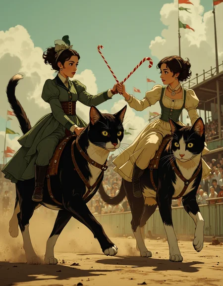 in the style of cksc, 2 tiny young women racing their cats in a stadium, big household cats, cat eyes cat fur, cat tails. colorful flags, fanfare.  young women are small enough to ride on the necks of cats. women are wearing Victorian dresses. women are crossing candy canes as if they are swords. 
<lora:Anime Art V3:1.1>