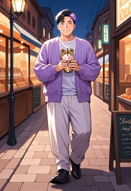 masterpiece, best quality, absurdres, newest, perfect quality, best quality, absolutely eye-catching, detailed background, intricate details, male, 1boy, mature man, aged man, solo, male focus, mbti_entp, black hair, multicolored hair, pink eyes, white shirt with bear print, purple cardigan, white pants, black footwear, outdoor, marketplace, shops, street lamp, stoned ground, warm natural lighting, lively and bustling atmosphere, background details visible, cheeky expression, smile, mouth open, holding cup boba milk tea, walking to viewer