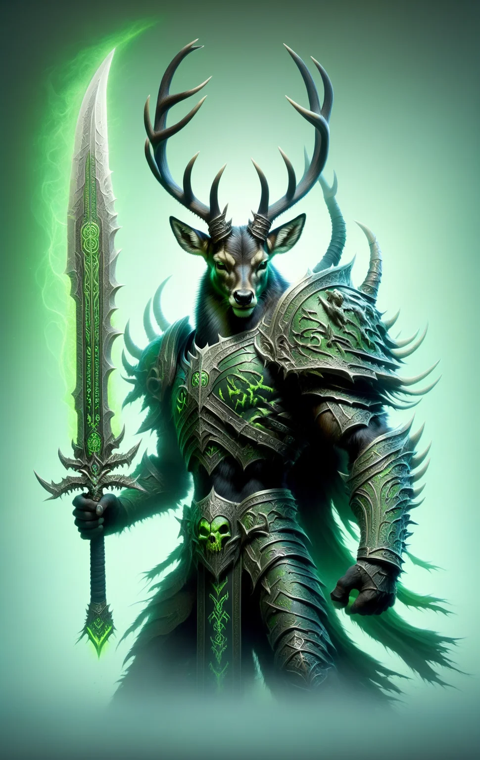 deer, death knight, DonMD34thKn1gh7XL wielding runeblade, green glowing runes, two handed sword, <lora:DonMD34thKn1gh7XL-v1.1-000010:1>