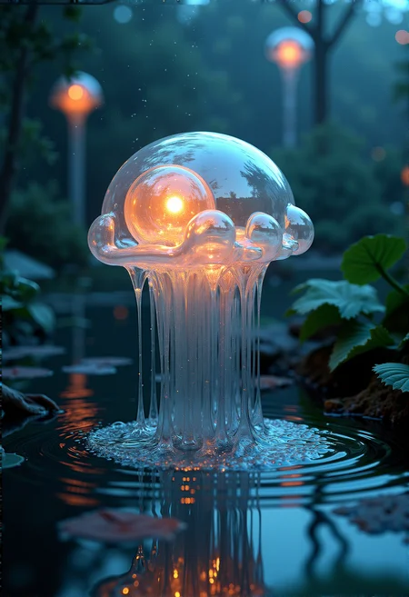 photorealistic image of a dreamy and otherworldly transparent slime with a gelatinous body, floating above a small pond, surrounded by glowing orbs, twilight with the last light of day fading, ultra-high-definition textures, cinematic composition, soft and surreal lighting, intricate details in the glowing orbs, smooth transitions between warm and cool tones, mystical and ethereal atmosphere, realistic reflections in the water, detailed foliage with soft shadows, glowing highlights on the creature's body, serene twilight scene, photorealistic rendering