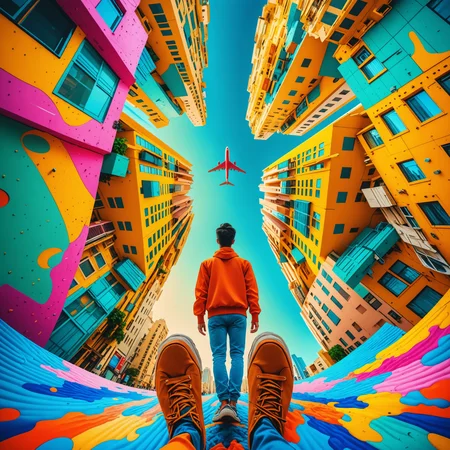 Psychedelic style a person standing in the middle of a city, illusion surreal art, instagram contest winner, aeroplane, low angle photograph, image split in half, hicham habchi, by Andrew Allan, connectedness, reflexes, expectation of adventure, instagram art, by Zhang Han, anamorphic, cgsociety 9, travellers <lora:Oblivion_lcm_structure_Craft_a_high-resolution:0.8> . Vibrant colors, swirling patterns, abstract forms, surreal, trippy
