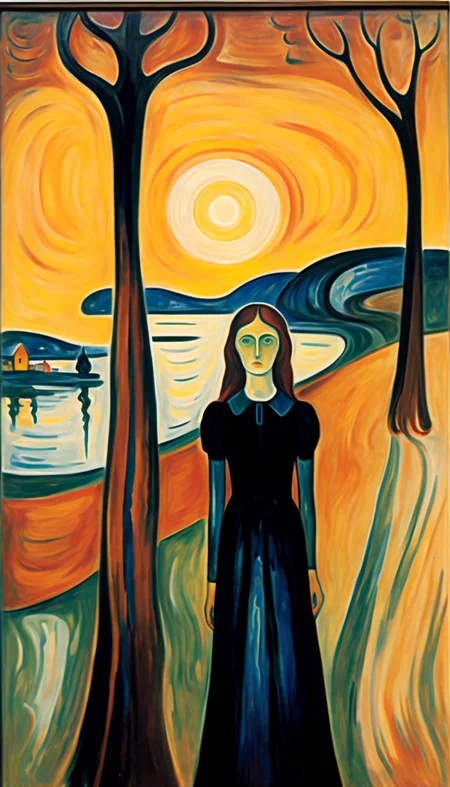 positiv Clip L: style of Edvard Munch, an award-winning, of a bautiful woman, positiv Clip G: style of Edvard Munch, an award-winning, of a skinny Gothic woman, sunset in the background,