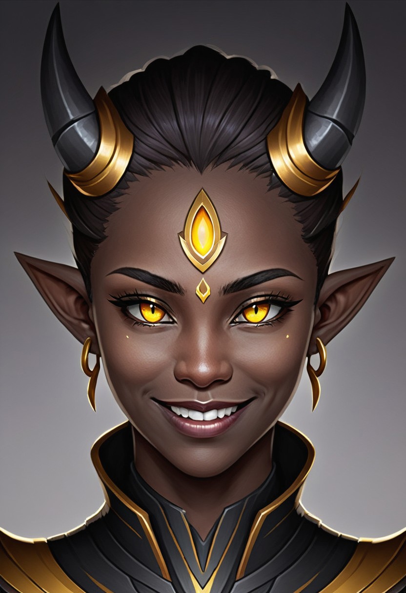 Te'kharoth, third eye, portrait, yellow eyes, horns, pointy ears, dark skin, smile, 1girl, solo, armor, necklace, tiara,