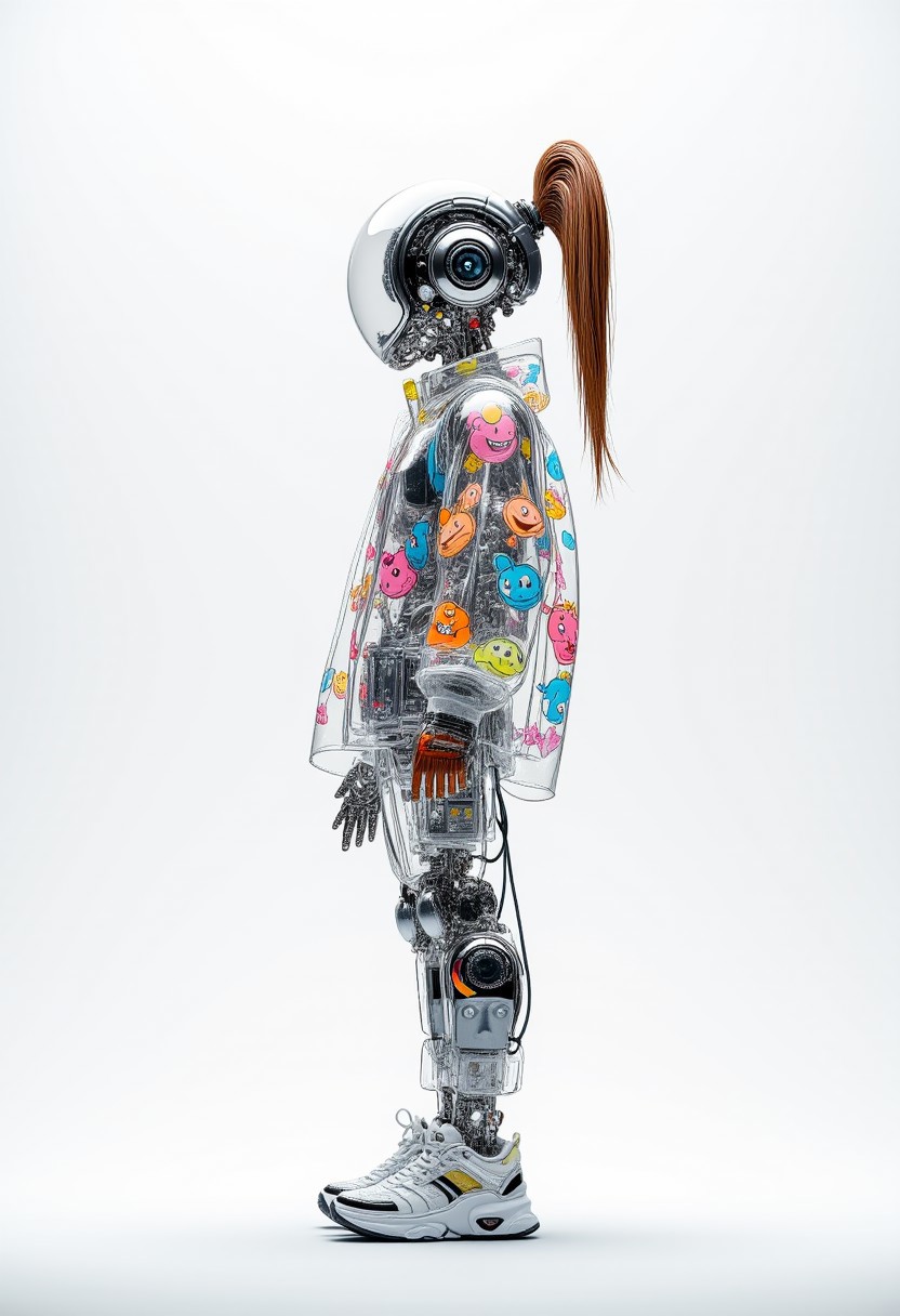 A 3D-rendered android figure stands in profile view, featuring a transparent body that reveals intricate internal mechanical components, visible wiring, and circuitry. The android wears a transparent jacket adorned with vibrant cartoon characters in blue, orange, pink, yellow, and green colors. A distinctive brown brush or ponytail attachment protrudes from the top of the android's head. The figure is positioned against a clean white background, with the mechanical elements and playful design elements clearly visible through the transparent exterior. High-resolution 3D rendering with sharp detail and studio lighting against a white background.. aidmamj6.1, anime, cyberpunk