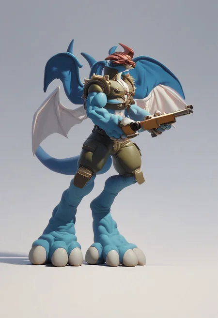 score_9, score_8_up, score_7_up, score_6_up, source_furry, full-length portrait, solo, white background, Paildramon, wings, guns, tail, standing