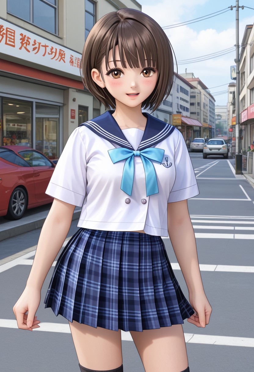Shirai Hinako, 1girl, solo, looking at viewer, blush, short hair, bangs, skirt, pedestrian city, brown hair, shirt,  shop background, ribbon, brown eyes, closed mouth, school uniform, standing, white shirt, short sleeves, pleated skirt, serafuku, sailor collar, blue skirt, plaid, kneehighs, plaid skirt, blue sailor collar, black socks, loafers, <lora:Shirai_Hinako_Blue_Reflection_Pony:0.7> anime color, seductive smile, (kishida mel), open mouth, medium breast, sexy pose,  <lora:HandFixer_pdxl_Incrs_v1:1> slender girl, thin body, medium skirt, (tall girl), thin face,