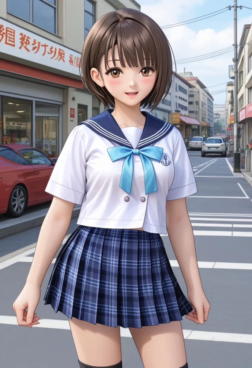 Shirai Hinako, 1girl, solo, looking at viewer, blush, short hair, bangs, skirt, pedestrian city, brown hair, shirt, shop background, ribbon, brown eyes, closed mouth, school uniform, standing, white shirt, short sleeves, pleated skirt, serafuku, sailor collar, blue skirt, plaid, kneehighs, plaid skirt, blue sailor collar, black socks, loafers, <lora:Shirai_Hinako_Blue_Reflection_Pony:0.7> anime color, seductive smile, (kishida mel), open mouth, medium breast, sexy pose, <lora:HandFixer_pdxl_Incrs_v1:1> slender girl, thin body, medium skirt, (tall girl), thin face,
