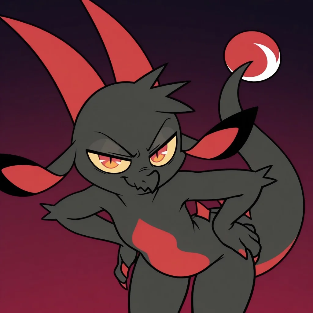 masterpiece, best quality, amazing quality, official style, fw3nchfwy, furry, anthro, solo, dragon, black fur, red fur, two-tone fur, red horns, short hair, yellow sclera, red eyes, slit pupils, floppy ears, red claws, spikes on back, tail, leaning forward, smirk, narrowed eyes, hands on hip, looking at viewer, dark gradient background