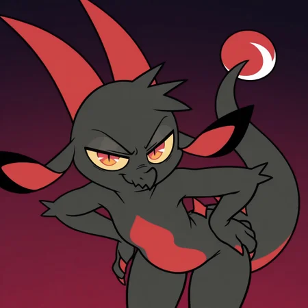 masterpiece, best quality, amazing quality, official style, fw3nchfwy, furry, anthro, solo, dragon, black fur, red fur, two-tone fur, red horns, short hair, yellow sclera, red eyes, slit pupils, floppy ears, red claws, spikes on back, tail, leaning forward, smirk, narrowed eyes, hands on hip, looking at viewer, dark gradient background